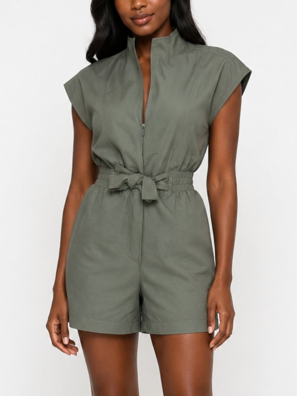 VENUS Utility Romper Olive Green Structured Cap Sleeve Romper Waist Tie Sz 4